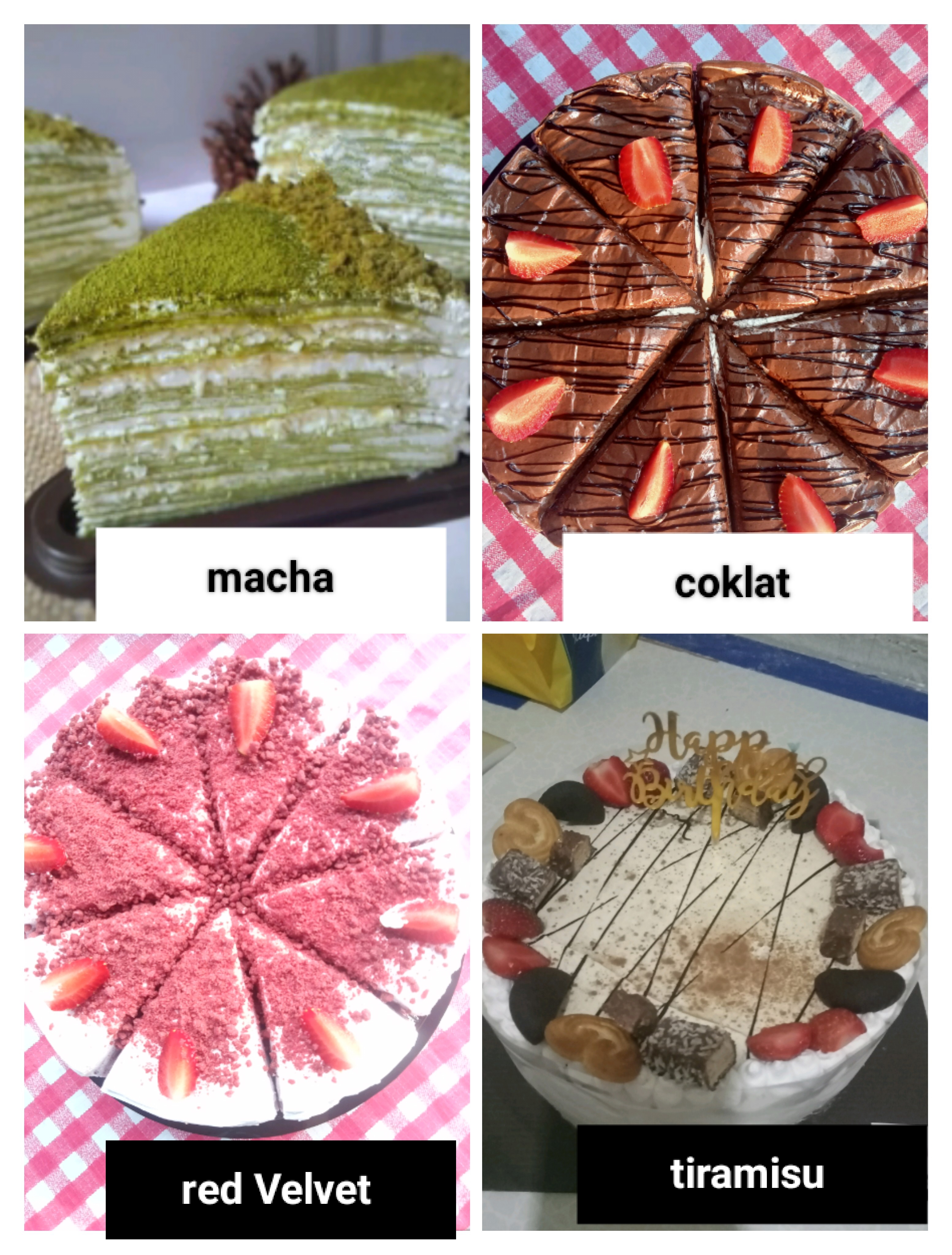 Mille crepes blueberry .. Mille crepes coklat , Mille crepes red Velvet, Mille crepes macha . Mille stroberi 