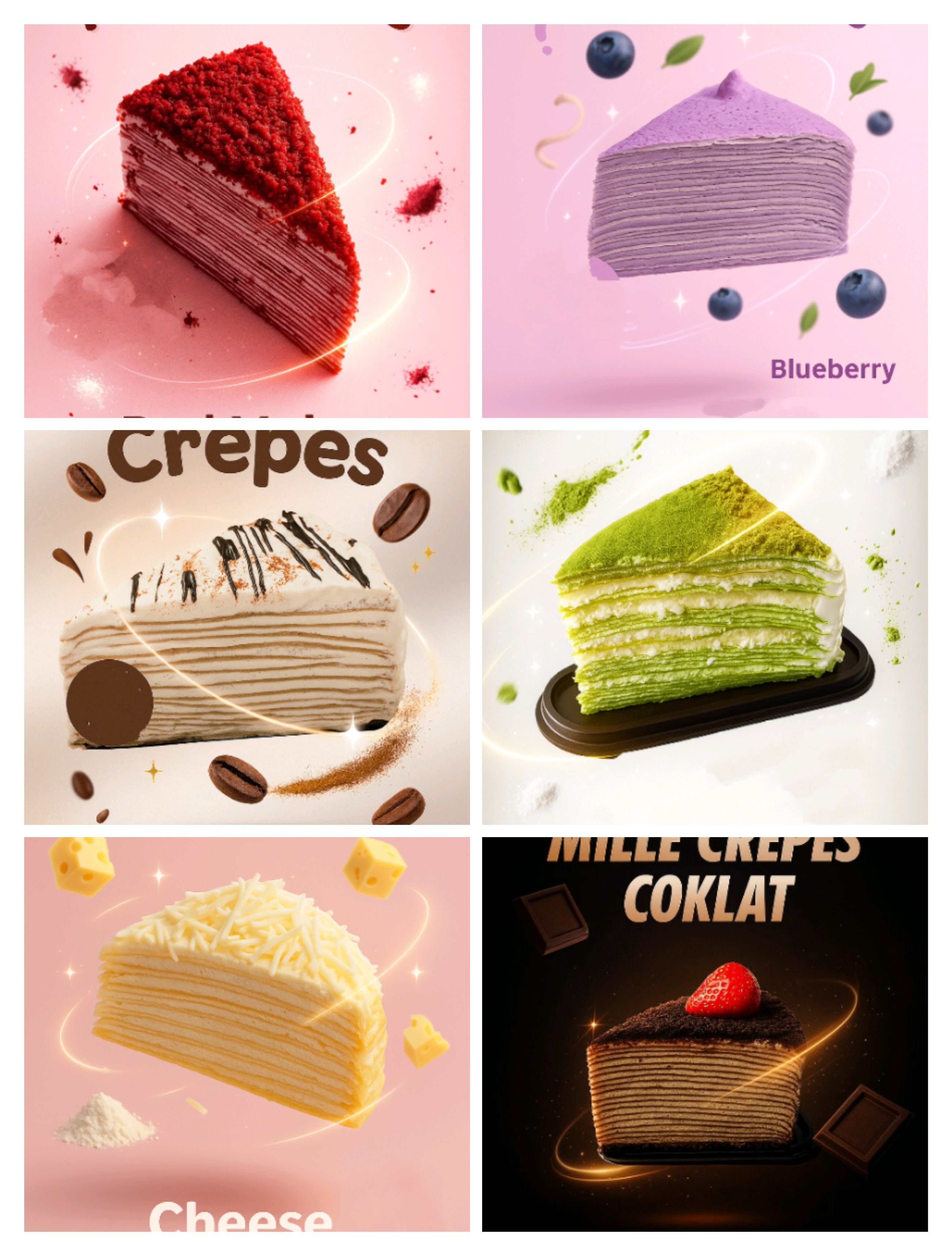 Mille crepes blueberry .. Mille crepes coklat , Mille crepes red Velvet, Mille crepes macha . Mille stroberi 